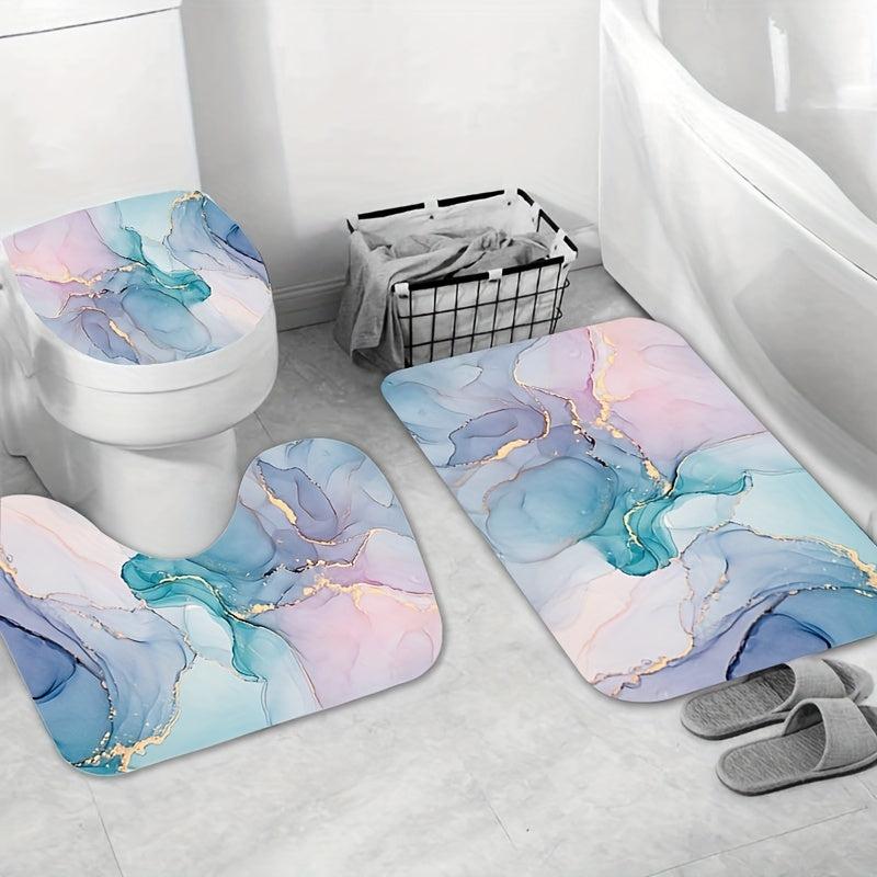 Non Slip Marble Shower Curtain Set with 12 Hooks & Microfiber Bathroom Rug