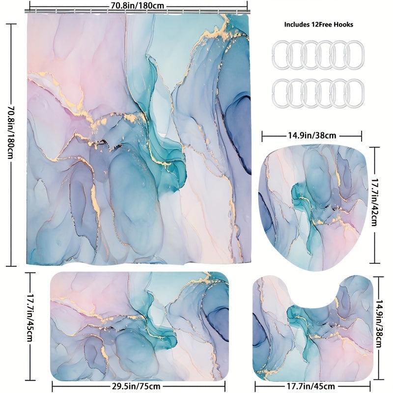Non Slip Marble Shower Curtain Set with 12 Hooks & Microfiber Bathroom Rug