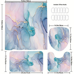 Non Slip Marble Shower Curtain Set with 12 Hooks & Microfiber Bathroom Rug
