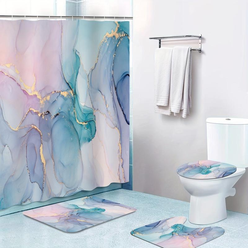 Non Slip Marble Shower Curtain Set with 12 Hooks & Microfiber Bathroom Rug