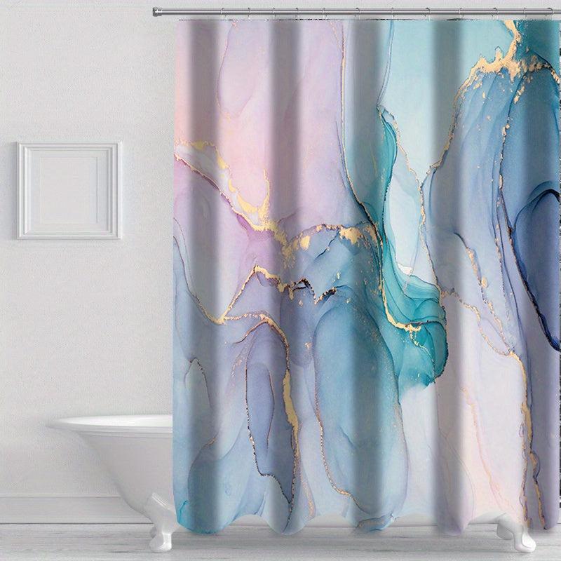 Non Slip Marble Shower Curtain Set with 12 Hooks & Microfiber Bathroom Rug