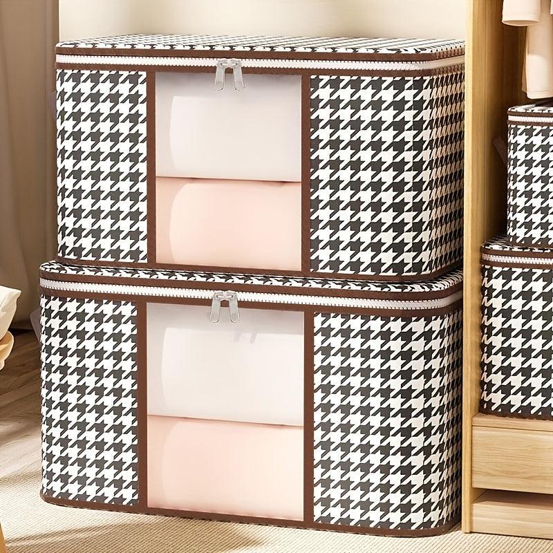 Stylish Houndstooth Storage Box for Clothes Toys Books - Durable Zipper