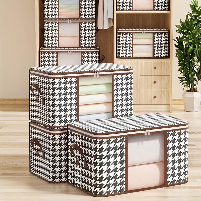 Stylish Houndstooth Storage Box for Clothes Toys Books - Durable Zipper