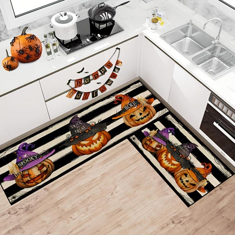 2pcs Halloween Theme Floor Mat Pumpkin Kitchen Mat Skidproof Blanket