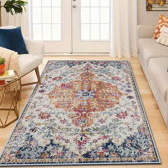 Vintage Boho Area Rug Non-Slip Floral Mat Washable Low Pile