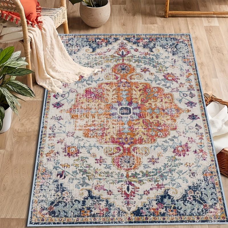 Vintage Boho Area Rug Non-Slip Floral Mat Washable Low Pile