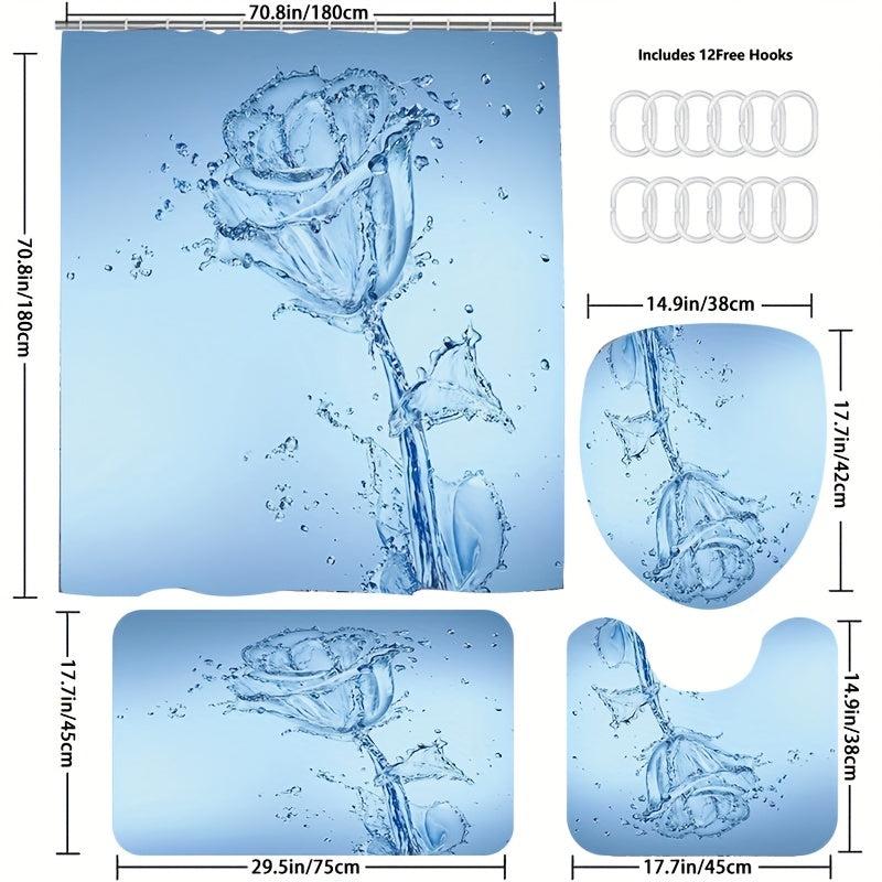 Rose Pattern Shower Curtain & Bathroom Rug Set