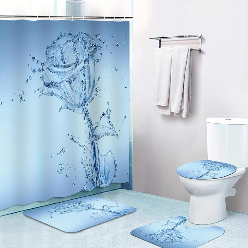 Rose Pattern Shower Curtain & Bathroom Rug Set