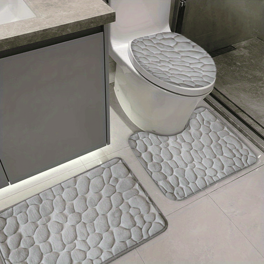 3pc Cobblestone Bathroom Mat Set, Quick Drying Non-slip Floor Mat, Solid Toilet