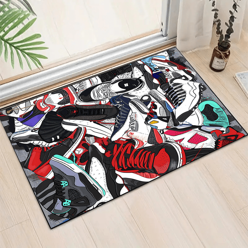 Sports Shoe Doodle Pattern Area Rug Non Slip Indoor Carpet