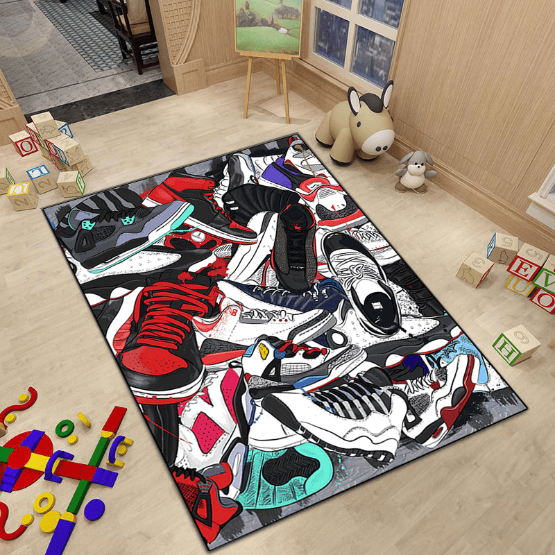 Sports Shoe Doodle Pattern Area Rug Non Slip Indoor Carpet