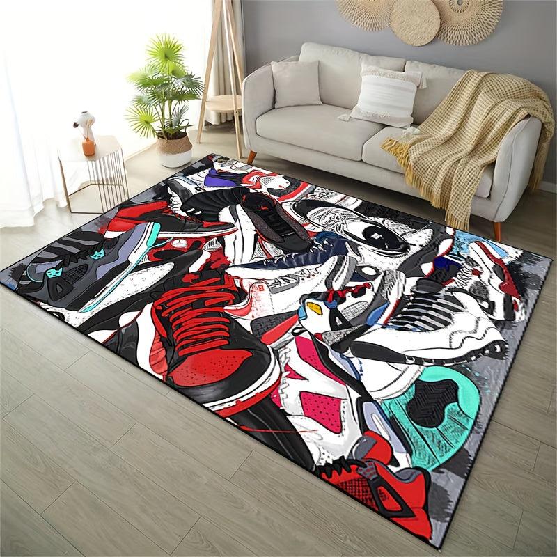 Sports Shoe Doodle Pattern Area Rug Non Slip Indoor Carpet