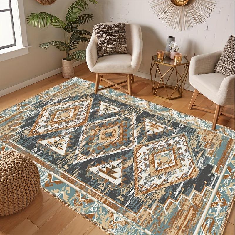Large Vintage Boho Area Rug European Green Golden Pattern Soft Washable Carpet