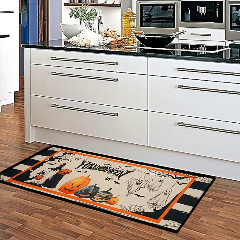 2pcs Flower Floor Mat Pumpkin Kitchen Mat Halloween Theme Skidproof Blanket