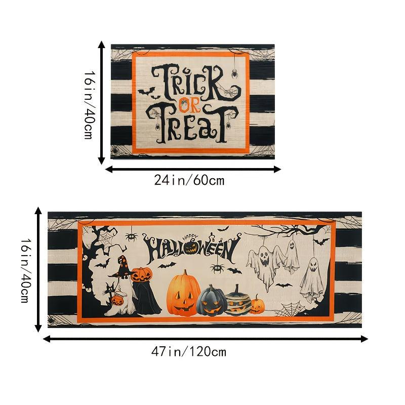2pcs Flower Floor Mat Pumpkin Kitchen Mat Halloween Theme Skidproof Blanket