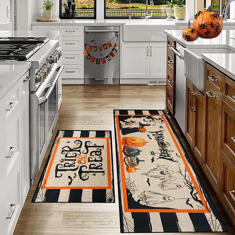 2pcs Flower Floor Mat Pumpkin Kitchen Mat Halloween Theme Skidproof Blanket