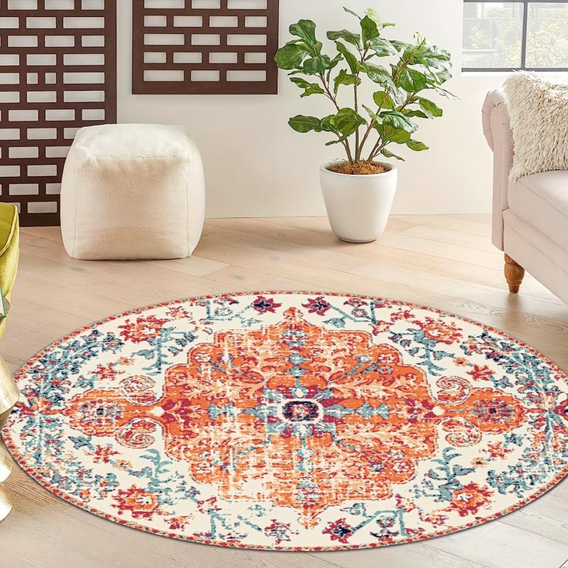 Boho Round Carpet Orange Persian Bohemian Circular Rug Soft Bedroom Hall Carpet