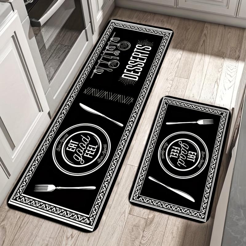 Cutlery & Letter Graphic Kitchen Rug Set