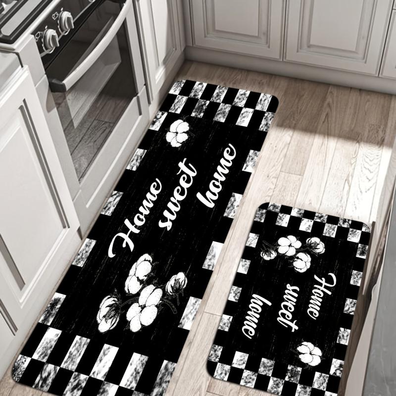 Floral & Alphabet Kitchen Floor Mat Non Slip Polyester Absorbent Bath Mat