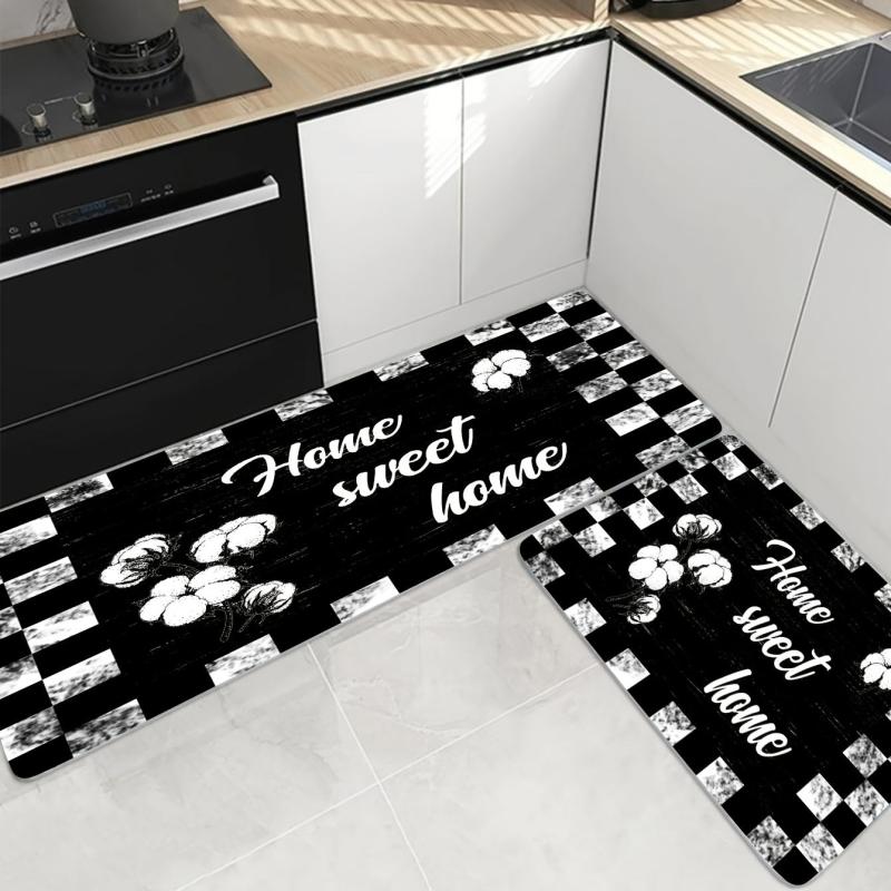 Floral & Alphabet Kitchen Floor Mat Non Slip Polyester Absorbent Bath Mat