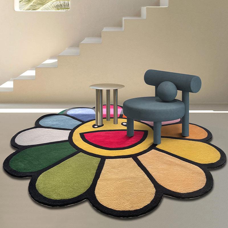 Colorful Sunflowers Round Rug Soft Area Mat Fluffy Washable Bedroom Floor Mat