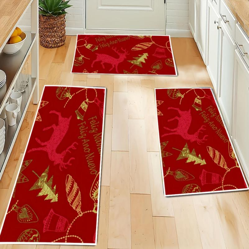Christmas Element Pattern Red Carpet Non Slip Floor Mat