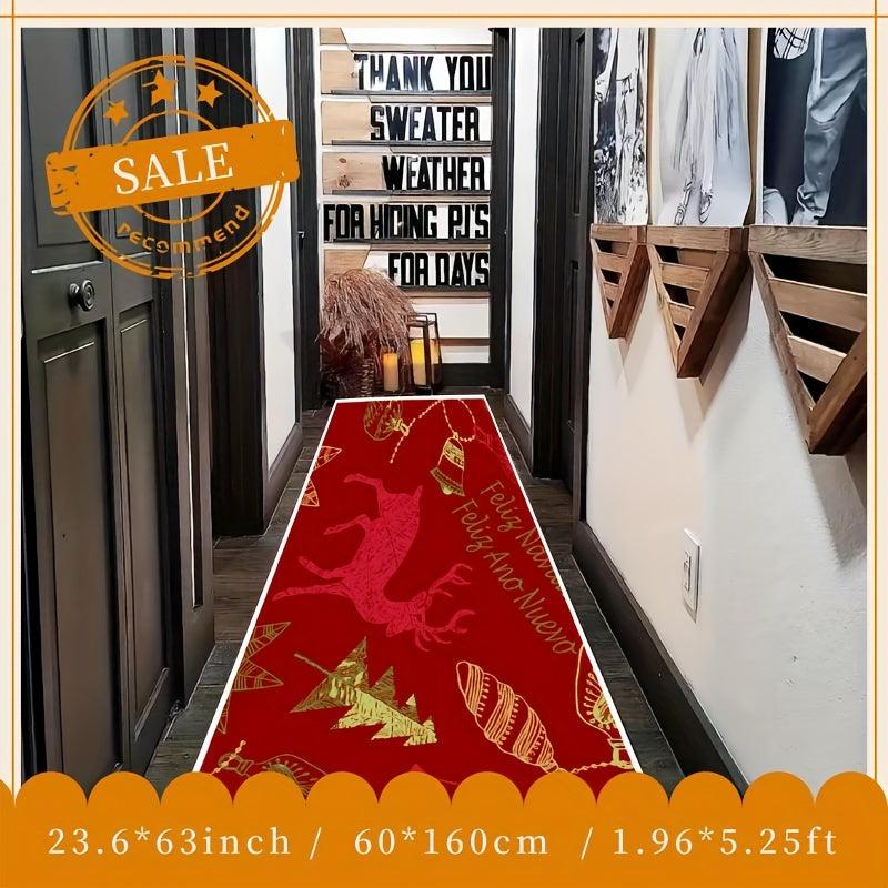 Christmas Element Pattern Red Carpet Non Slip Floor Mat