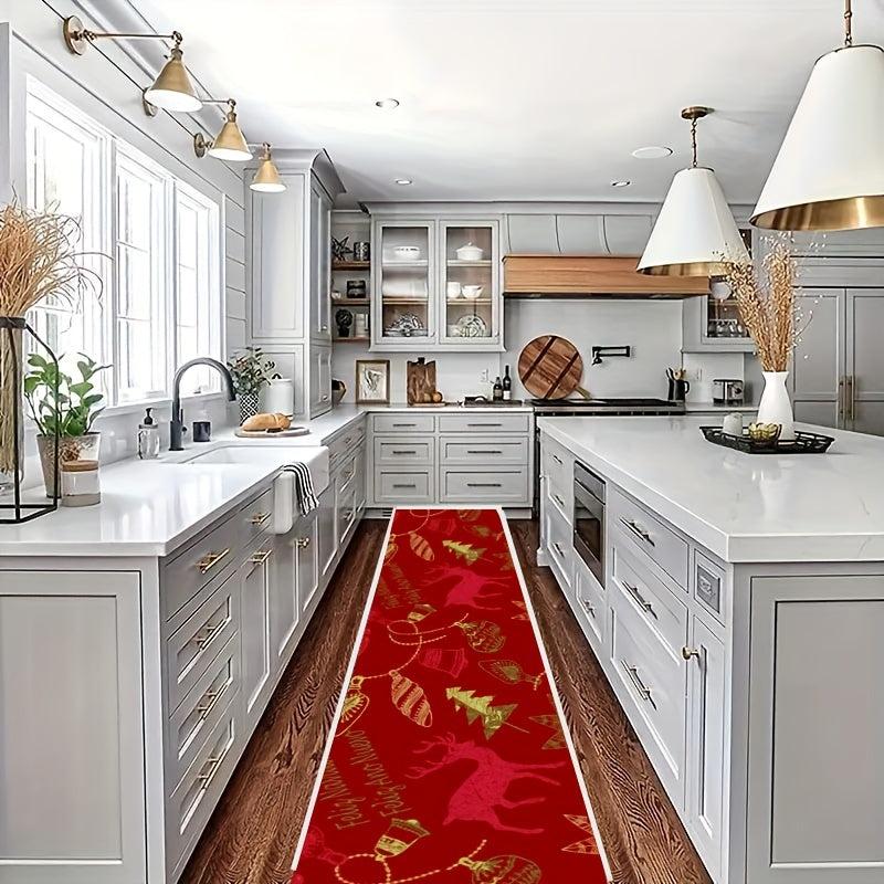 Christmas Element Pattern Red Carpet Non Slip Floor Mat