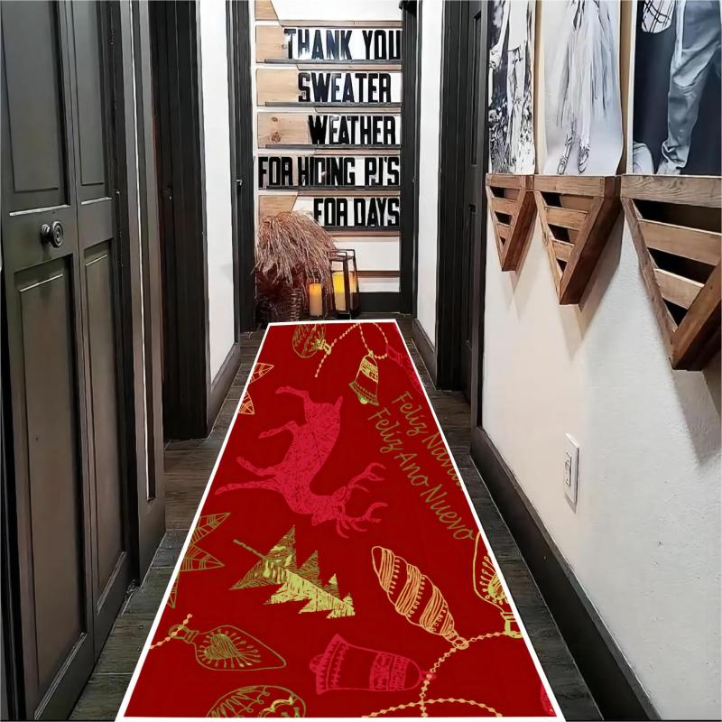 Christmas Element Pattern Red Carpet Non Slip Floor Mat
