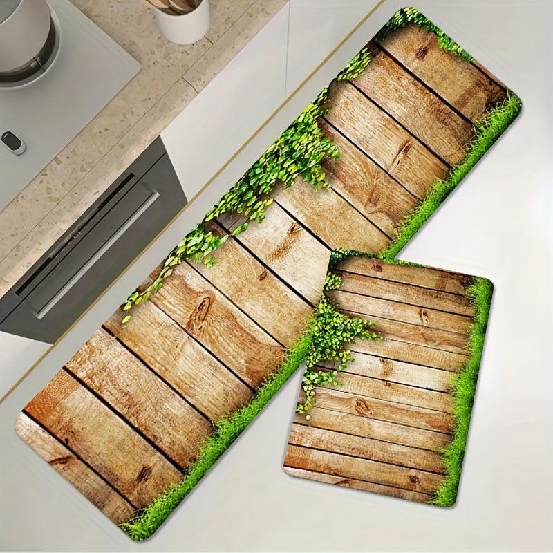Wooden Print Non Slip Kitchen Floor Mat - Flannel Material