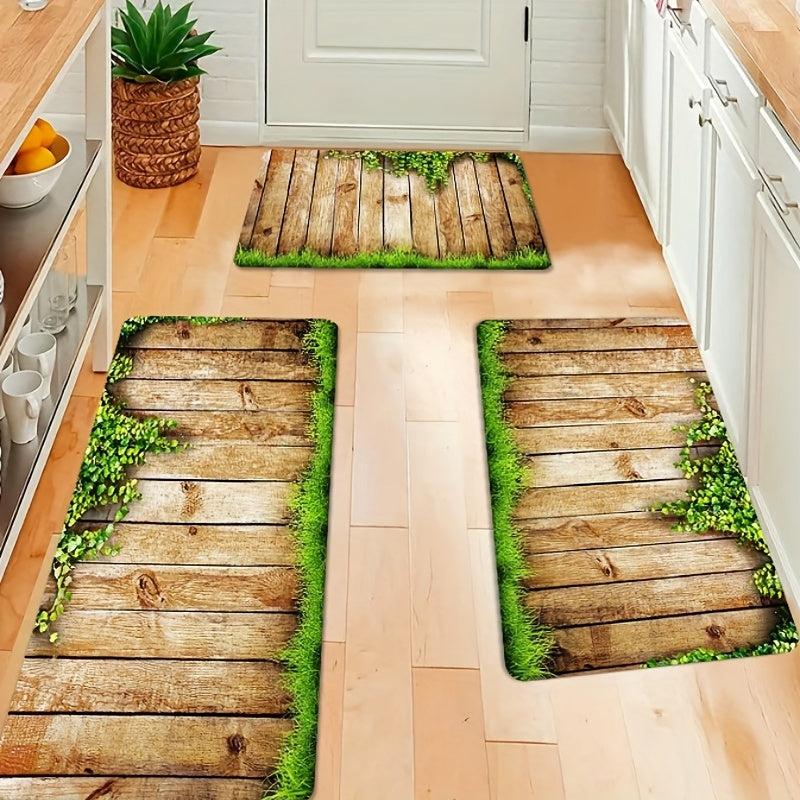 Wooden Print Non Slip Kitchen Floor Mat - Flannel Material