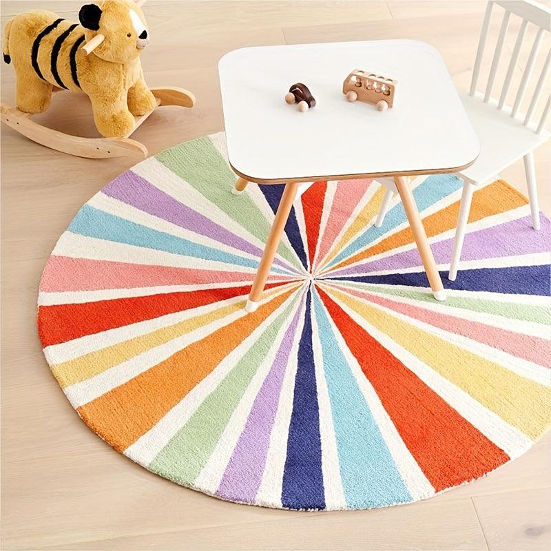 Rainbow Round Rug Colorful Boho Kids Rug Ultra Soft Washable Nursery Rug