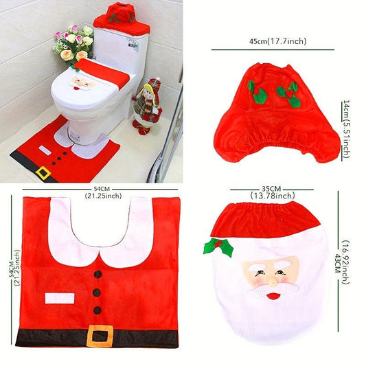 Christmas Bathroom Decoration Set - 3pcs Toilet Cover, Rug, Santa Towel