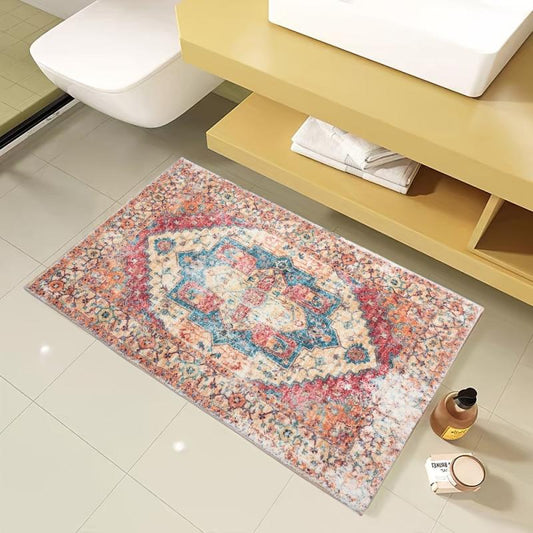 Stylish Orange Boho Floor Rug 2x3ft Machine Washable Non Slip