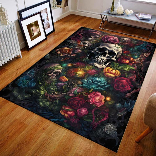 Skull Rose Floral Pattern Area Rug Halloween Element Carpet