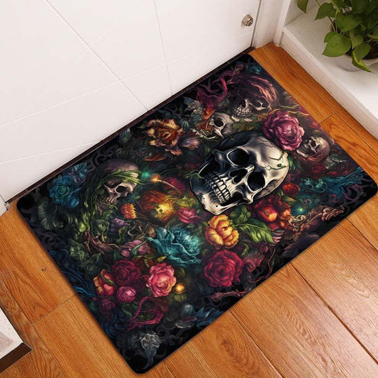 Skull Rose Floral Pattern Area Rug Halloween Element Carpet