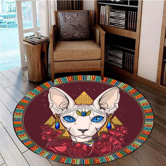 Egypt Cat Pattern Round Carpet for Halloween Christmas, Non-Slip Area Floor Mat