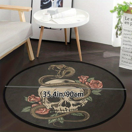 Skull Rose Flower Round Carpet Non Slip Rug Washable Floor Mats For Home Decor