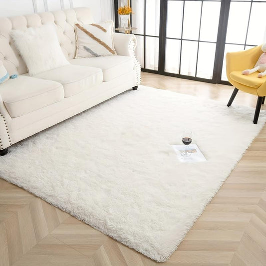 Soft Shaggy Ivory Rug 4x6 Fuzzy Plush Bedroom Area Rug
