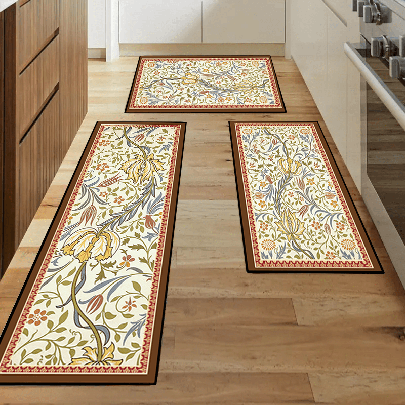 Modern Retro Floral Kitchen Rug Anti slip Memory Foam Mat Soft Anti Fatigue Rug