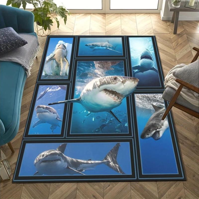 Shark Print Area Rug Non slip Washable Fade Resistant Polyester Carpet