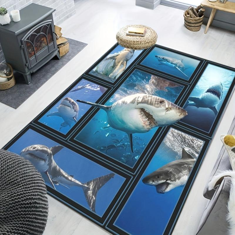Shark Print Area Rug Non slip Washable Fade Resistant Polyester Carpet