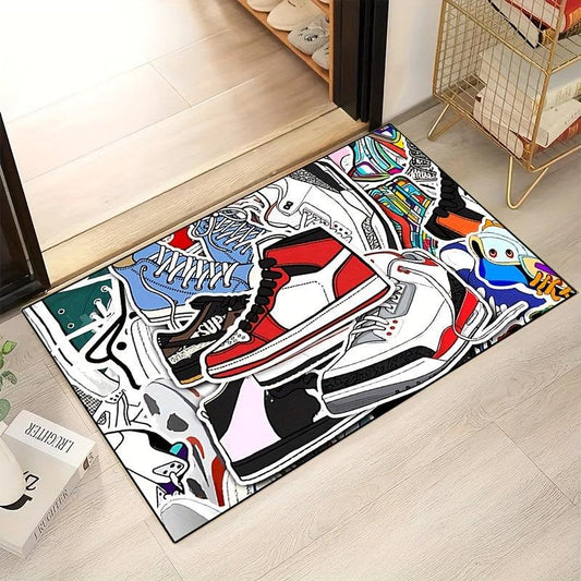 Sports Shoe Doodle Pattern Area Rug Non Slip Colorful Indoor Carpet