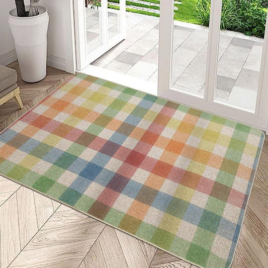 Colorful Plaid Door Mat Modern Style Non-slip Backing Stain Resistant