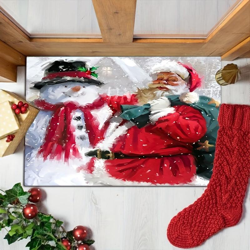 1pc Santa And The Snowman Pattern Area Rug Merry Christmas Pattern Floor Mat