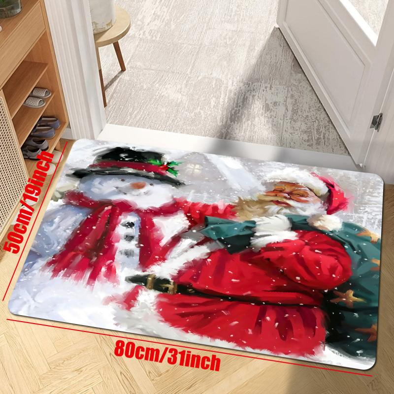 1pc Santa And The Snowman Pattern Area Rug Merry Christmas Pattern Floor Mat