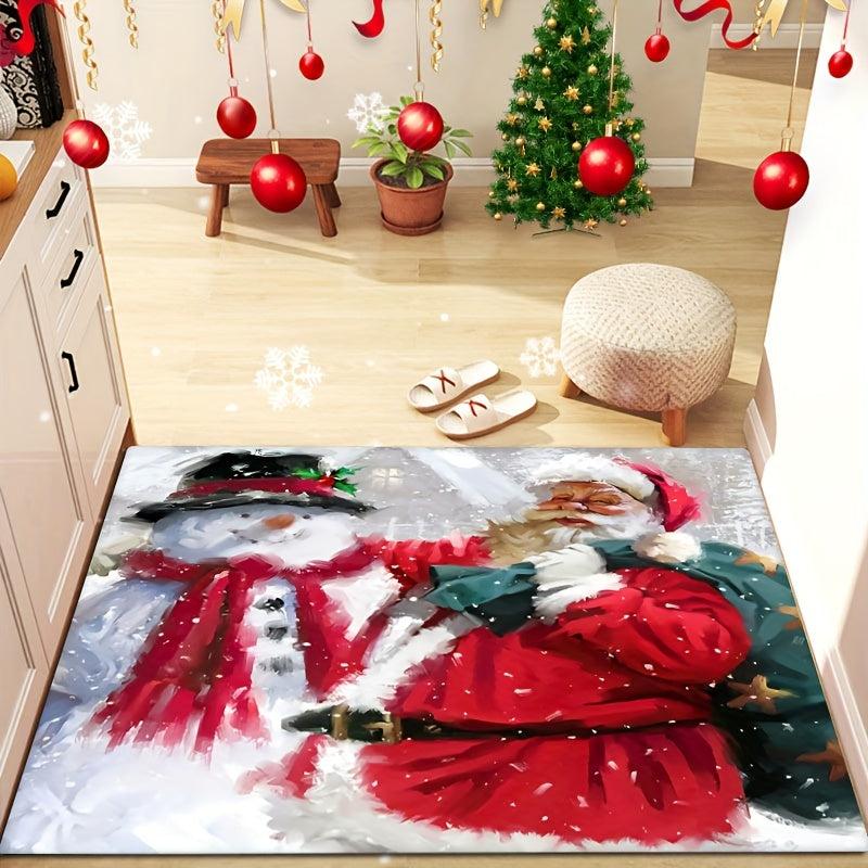 1pc Santa And The Snowman Pattern Area Rug Merry Christmas Pattern Floor Mat