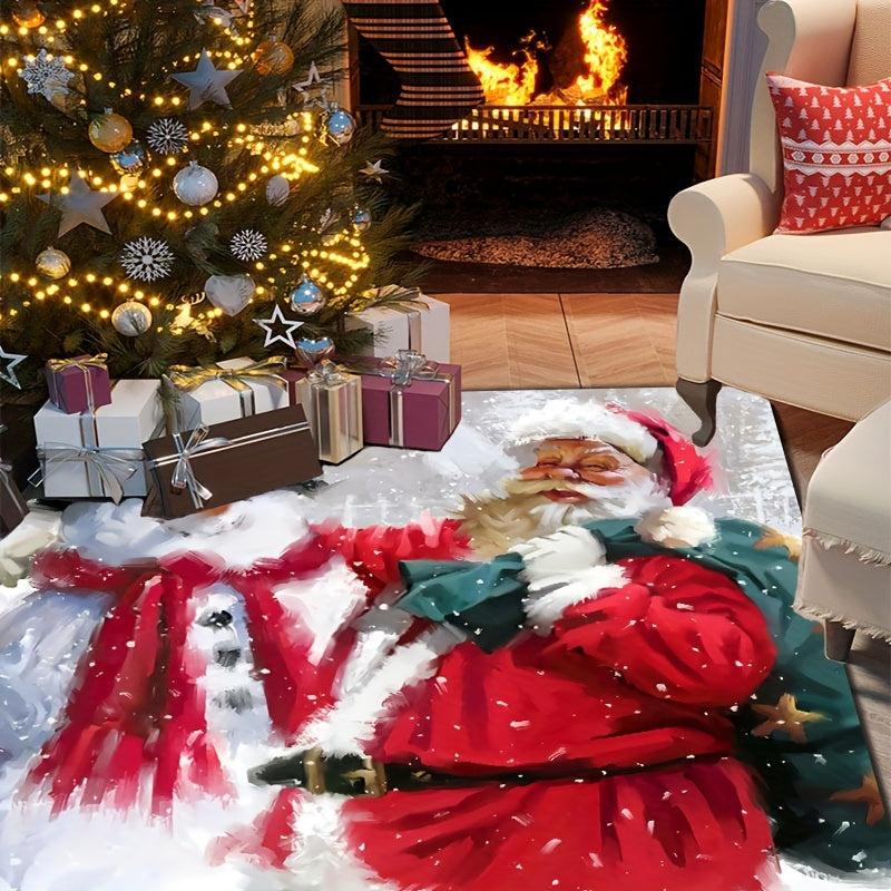 1pc Santa And The Snowman Pattern Area Rug Merry Christmas Pattern Floor Mat