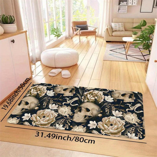 Vintage Peony Flower & Skull Rug Halloween Decorative Rug