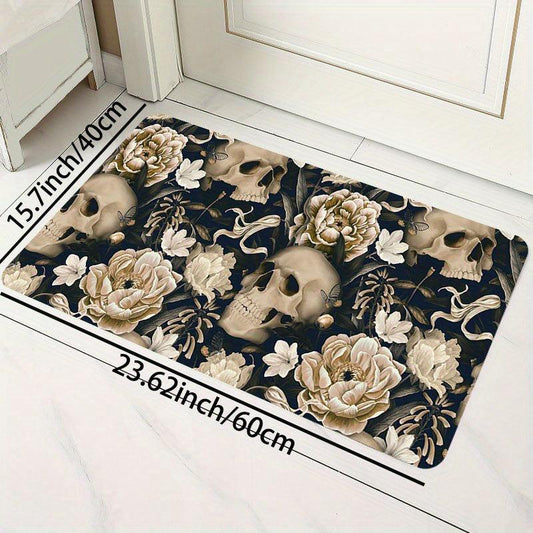 Vintage Peony Flower & Skull Rug Halloween Decorative Rug